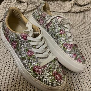 Betsey Johnson Rhinestone Silver Pink Floral Flowers Crystal Sneakers 10